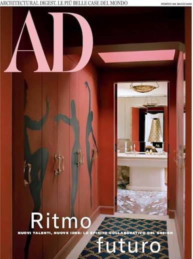 Cover of AD Architectural Digest magazine featuring a luxurious interior design photograph with terracotta-colored cabinets, dark green dancer silhouettes, and a view into a white bathroom. Italian text reads 'Ritmo futuro'.