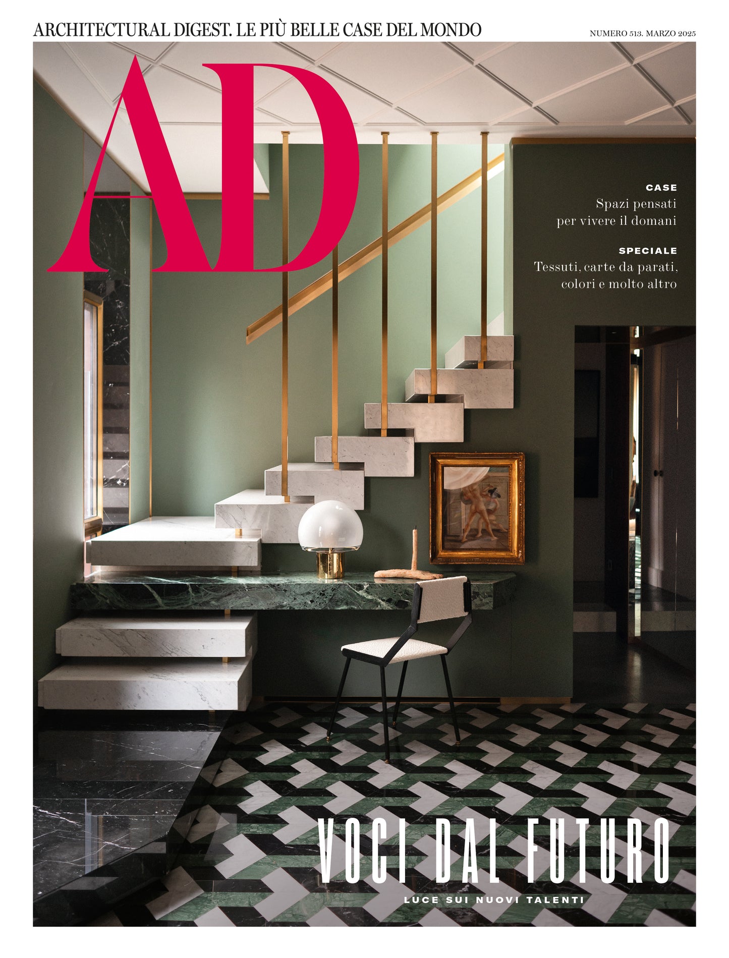 Cover of Architectural Digest magazine featuring a modern interior design with stairs and decor.