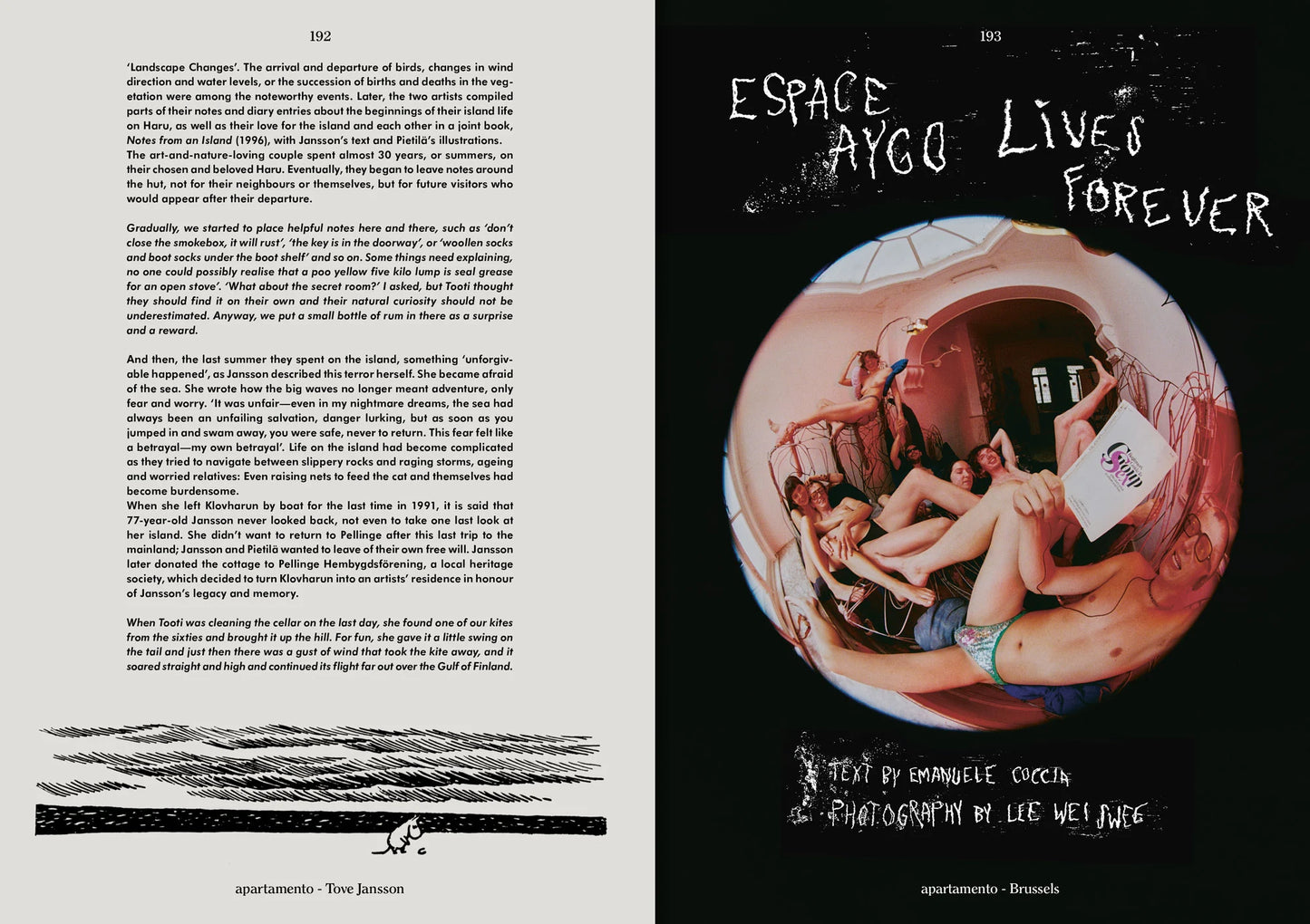 Book page with text on the left and a circular image of people on a couch on the right, titled 'Espace Aygo Lives Forever'.