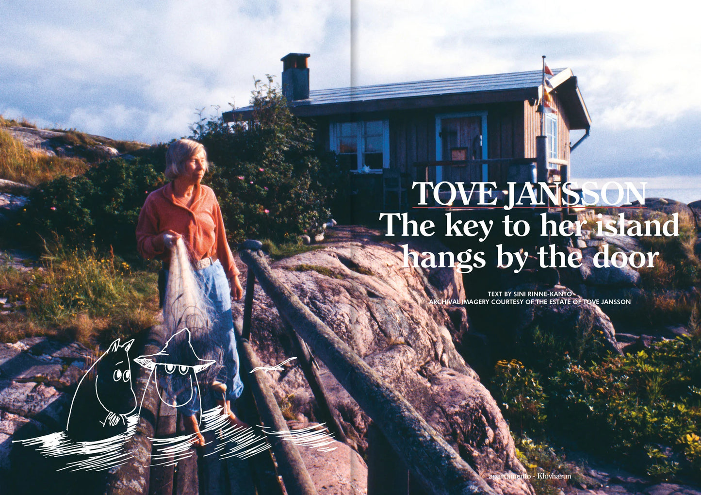 Person walking on a rocky path towards a cabin with text overlay about Tove Jansson.