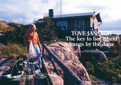 Person walking on a rocky path towards a cabin with text overlay about Tove Jansson.