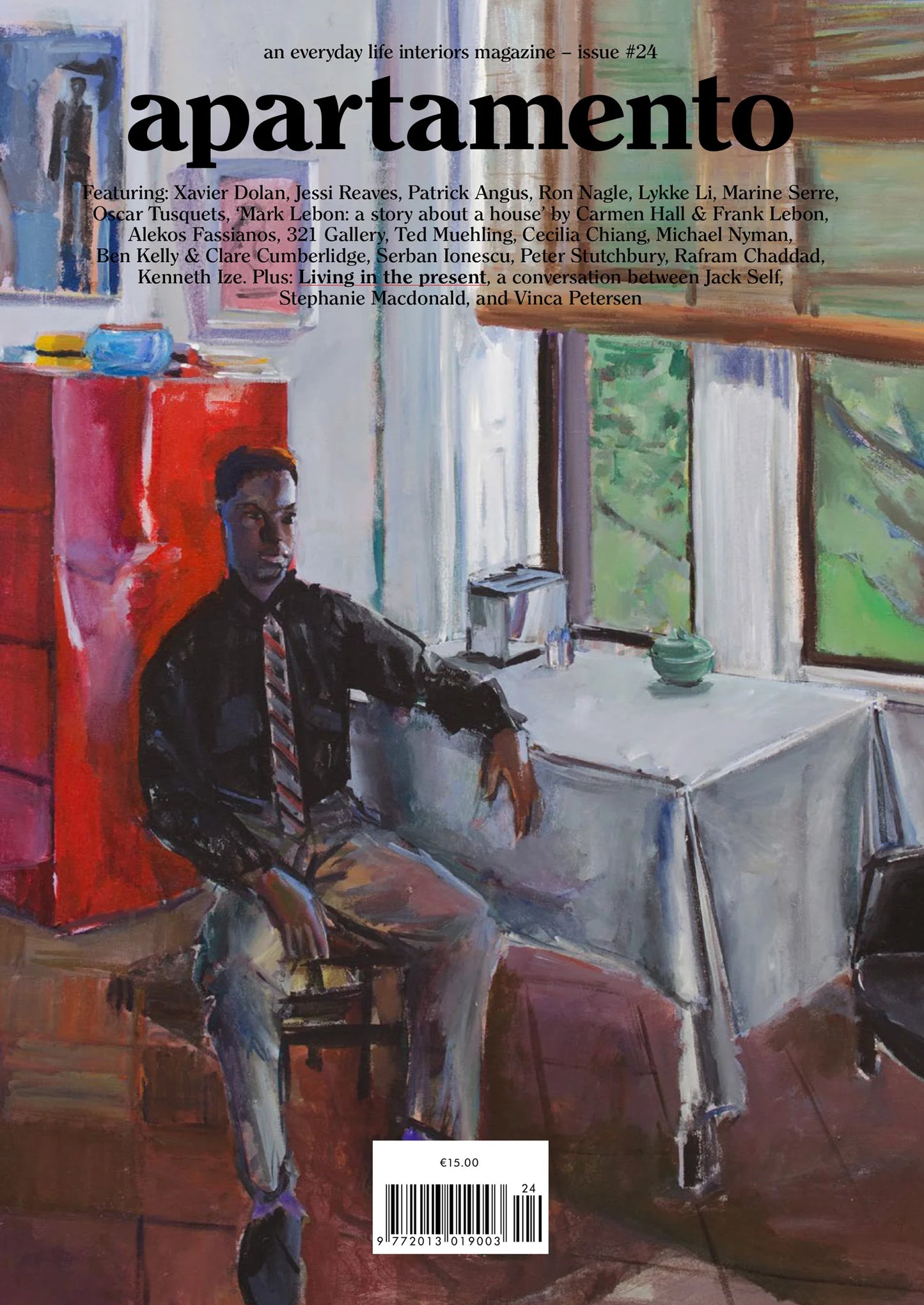Magazine cover titled 'apartamento' featuring a painting of a person sitting in a room with a red couch.