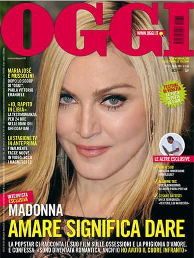OGGI magazine cover featuring a close-up portrait of Madonna with large red title lettering and multiple Italian article headlines on a white background.