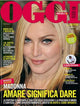 OGGI magazine cover featuring a close-up portrait of Madonna with large red title lettering and multiple Italian article headlines on a white background.