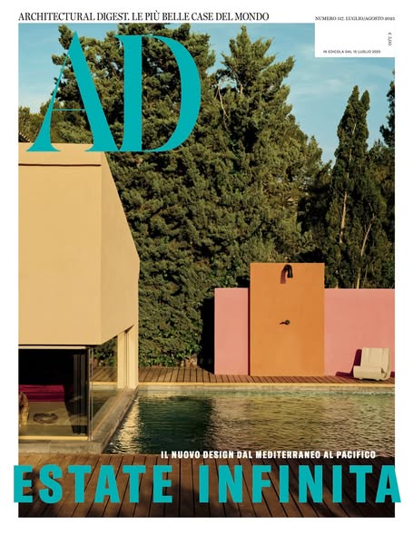 Cover of Architectural Digest magazine featuring a modern house with colorful walls and pool.