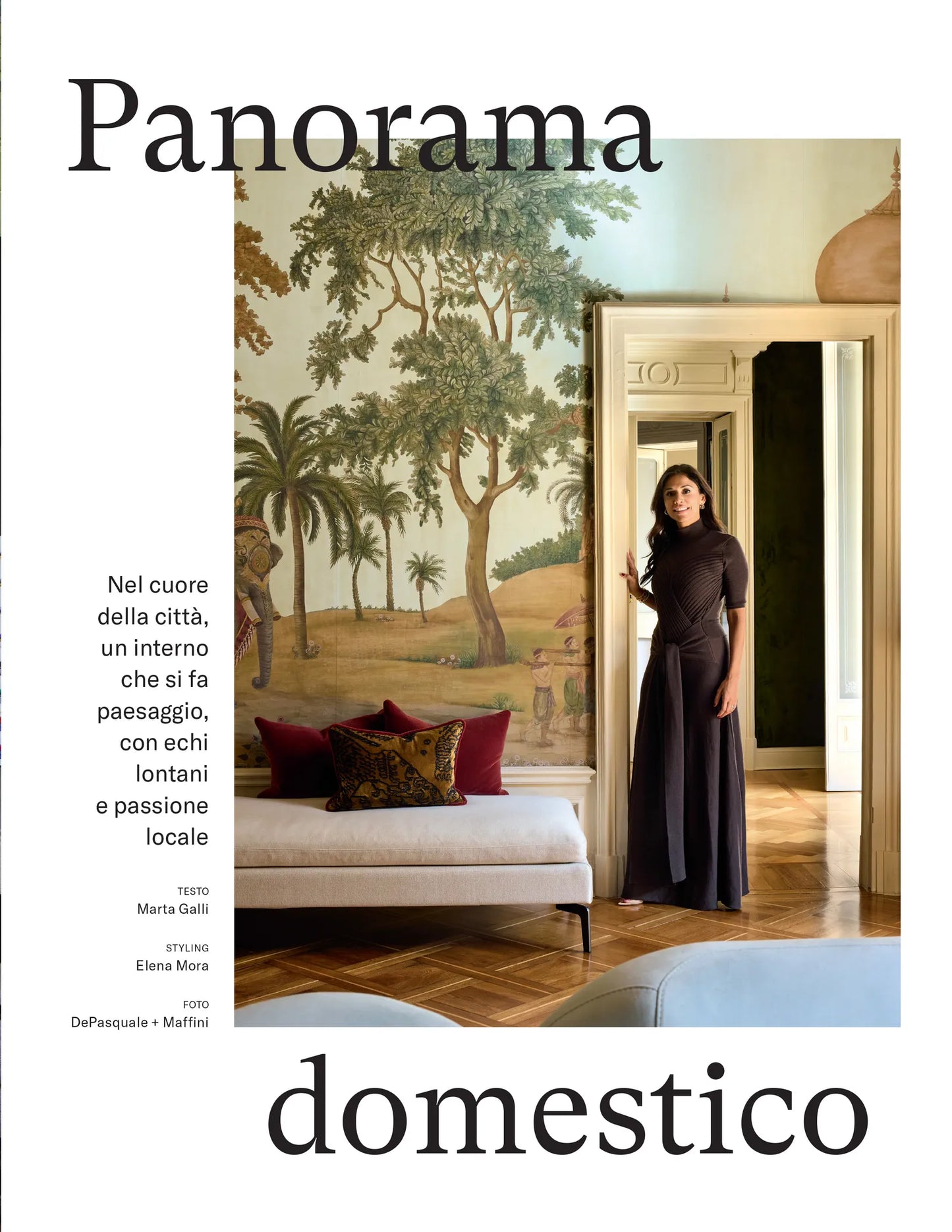Magazine cover with a woman in a room with decorative wall art and furniture.