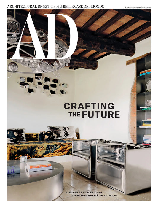 Cover of Architectural Digest magazine featuring a modern interior design with text 'Crafting the Future'.