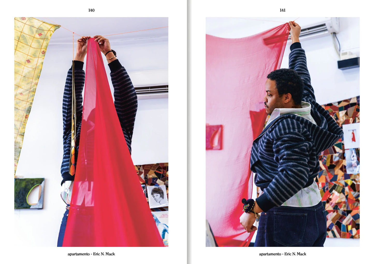 Eric N Mack with red sheet in home