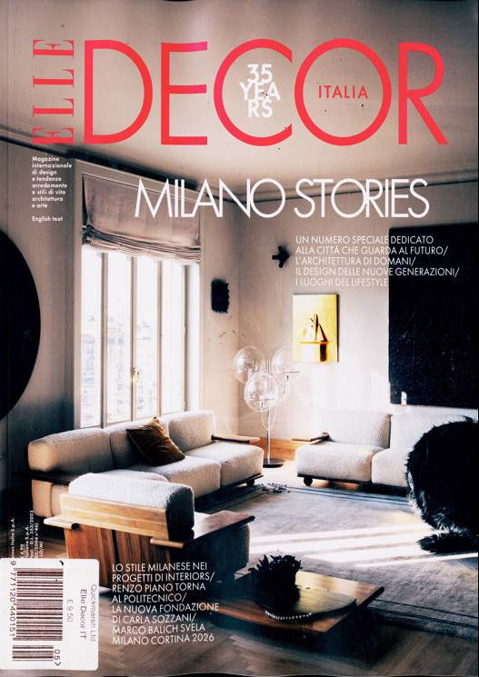 Cover of Elle Decor Italia magazine featuring a modern living room.