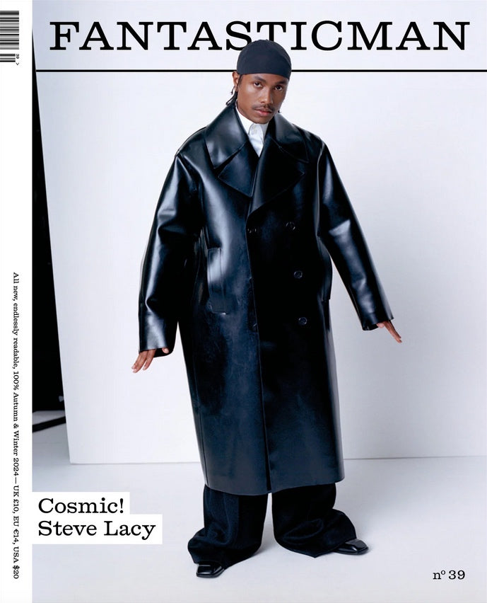 Steve Lacy wearing a long leather coat on the cover of the Fantastic Man magazine.