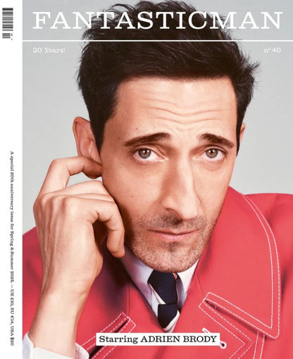 Adrien Brody in a red jacket on the cover of Fantastic Man magazine