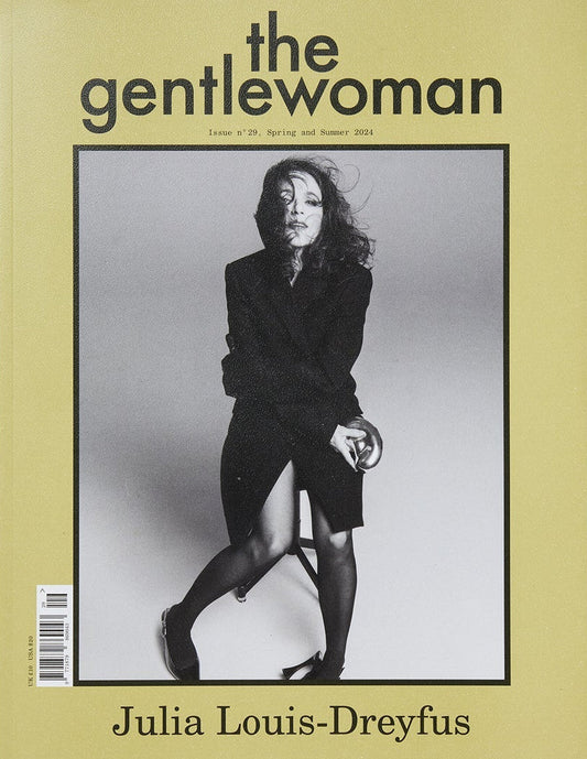 Magazine cover featuring Julia Louis-Dreyfus with a yellow border and 'the gentlewoman' branding.