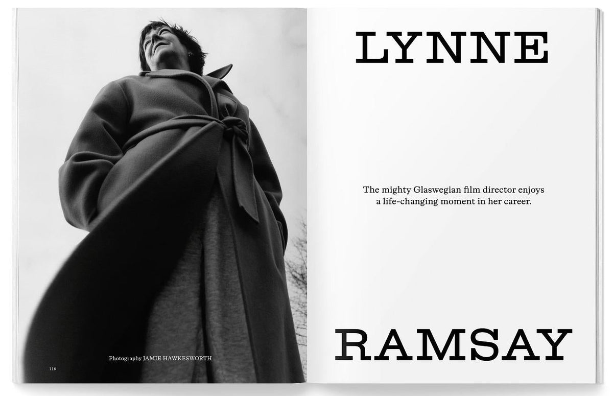 Lynne ramsay wearing a coat in a magazine