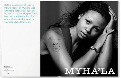 Myha'la staring at the camera in black and white