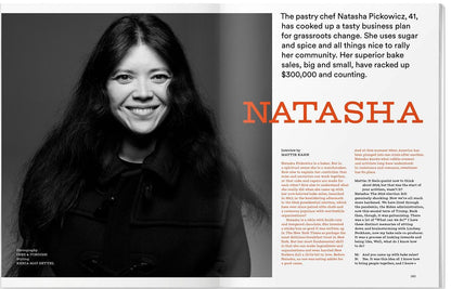 Natasha Pickowicz smiling at the camera with writing next to her.