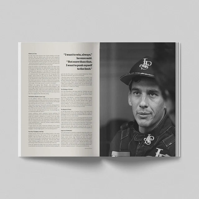 An open book or magazine spread shown against a light gray background. The left page contains columns of text, and the right page features a black-and-white portrait photo of a man wearing a cap with a stylized logo.