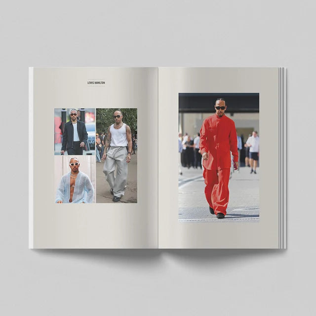 An open book or magazine spread photographed from above on a light gray background. The left page shows three small fashion photos with the caption 'LEWIS HAMILTON' at the top, and the right page shows a larger photo of a man wearing a bright orange outfit.