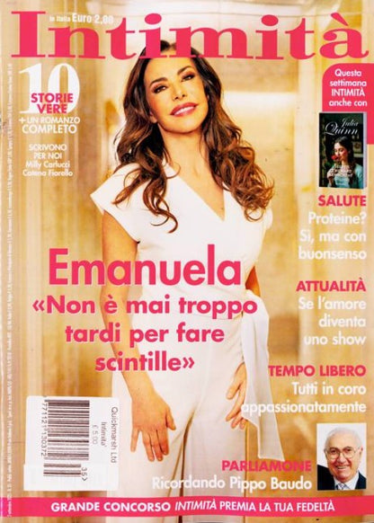 Magazine cover featuring a woman in a white dress with text and images on a beige background