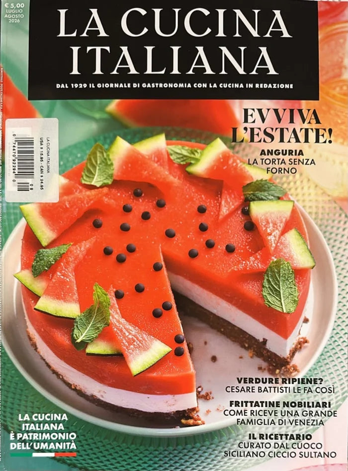 Front cover of La Cucina Italiana magazine featuring a watermelon-topped cheesecake as the main food photo, with Italian headlines and article titles around it.
