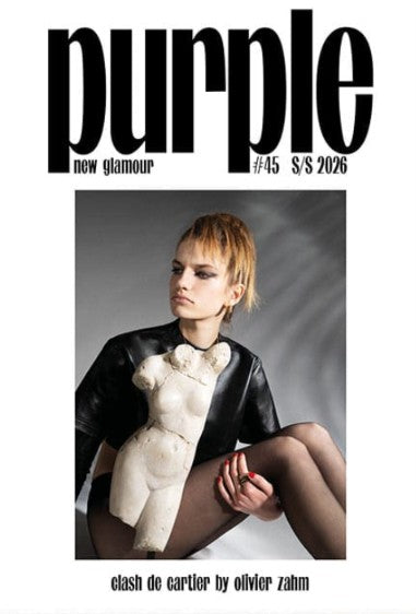 Cover of the fashion magazine 'purple new glamour' #45 S/S 2026, featuring a model with short blonde hair wearing a black leather jacket and holding a white anatomical torso model, with the text 'clash de cartier by olivier zahm' at the bottom.