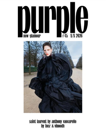Front cover of the August/September 2026 issue of Purple New Glamour magazine, featuring a large black 'purple' masthead and a central fashion photograph of a model in a voluminous black Saint Laurent gown by Anthony Vaqueiro and Inez & Vinoodh.