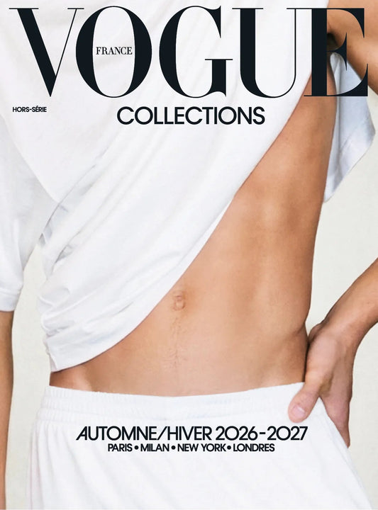 Vogue France Collections Autumn/Winter 2026-2027 fashion cover featuring a model wearing a white draped T-shirt and white shorts against a light background.