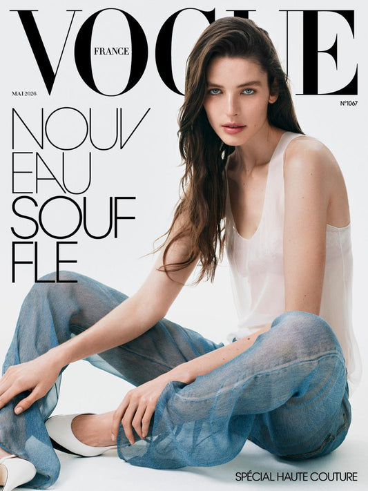 Vogue France magazine cover from May 2026 featuring model Libby Taverner seated on the floor. 