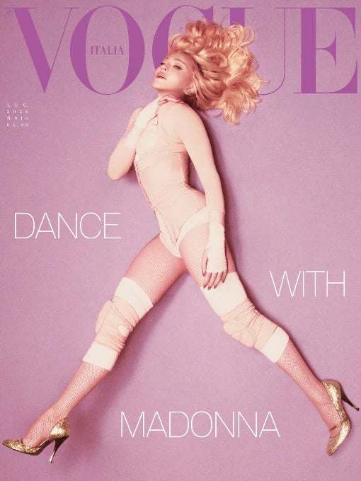 Vogue Italia cover featuring Madonna with text 'Dance with Madonna' on a pink background