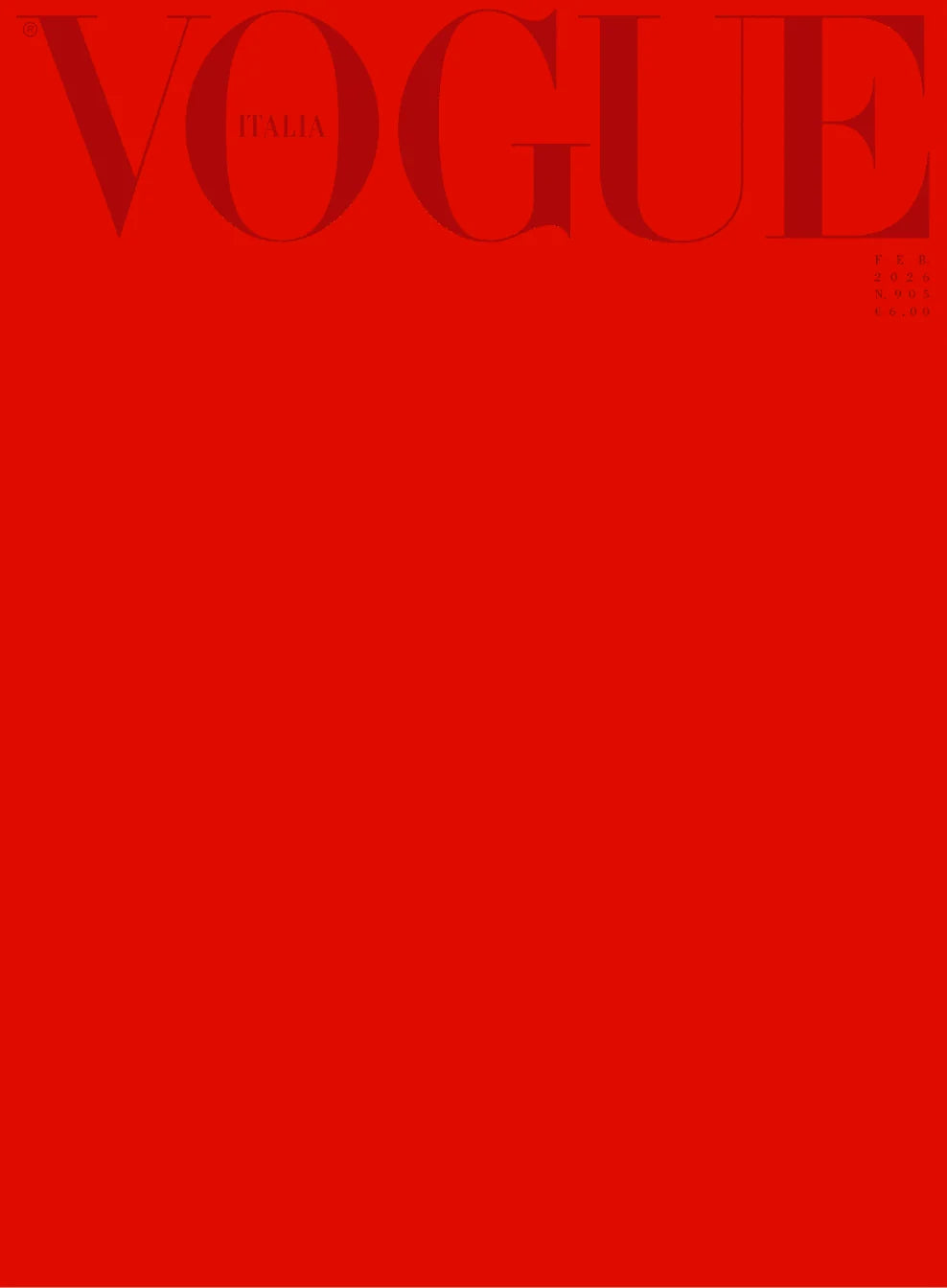 Vogue Italia February 2026 magazine cover featuring a solid bright red background.
