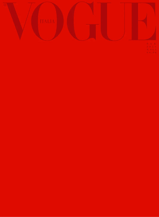 Vogue Italia February 2026 magazine cover featuring a solid bright red background.
