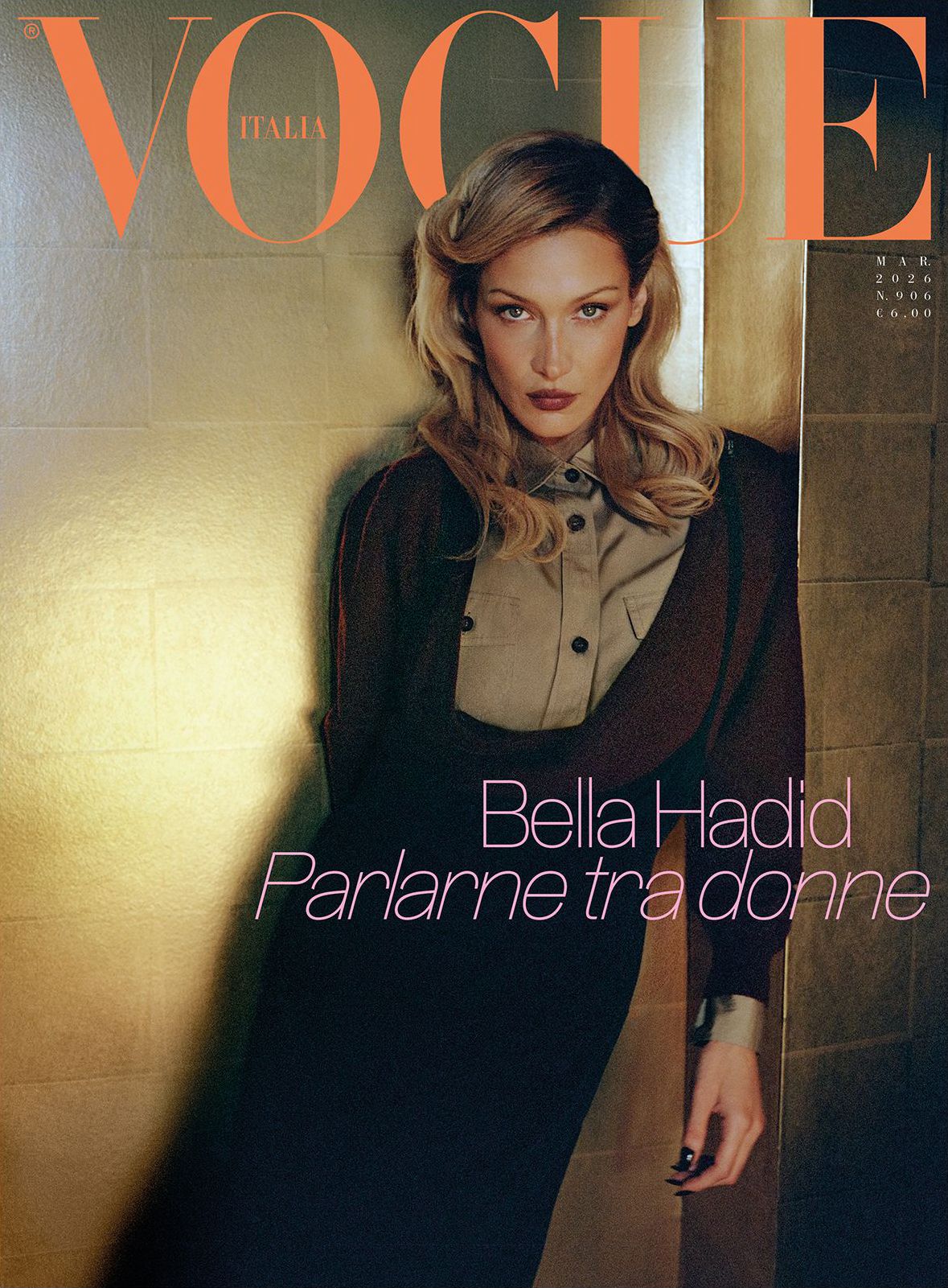 Vogue Italia magazine cover featuring Bella Hadid against a textured wall.