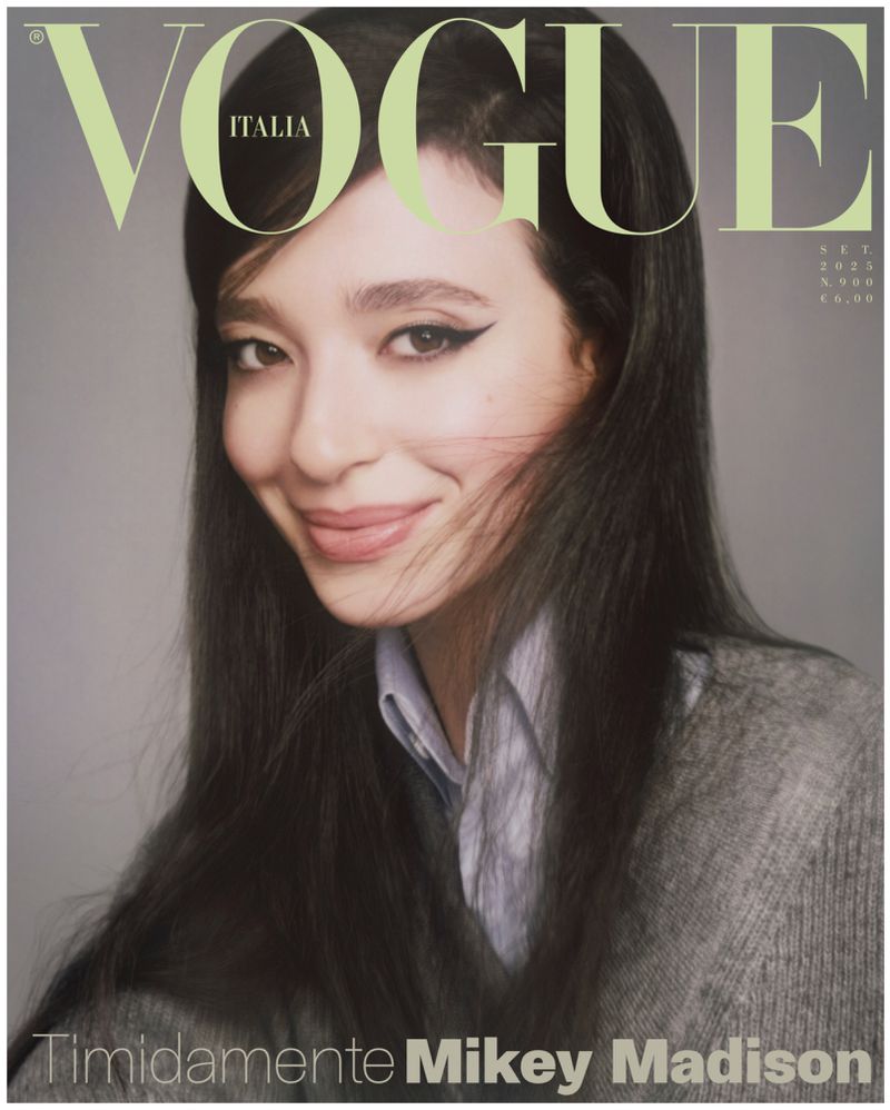 Mikey Madison smiling on cover of vogue italy in sweater. 