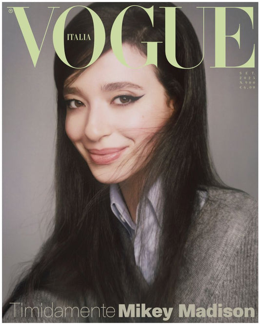Mikey Madison smiling on cover of vogue italy in sweater. 